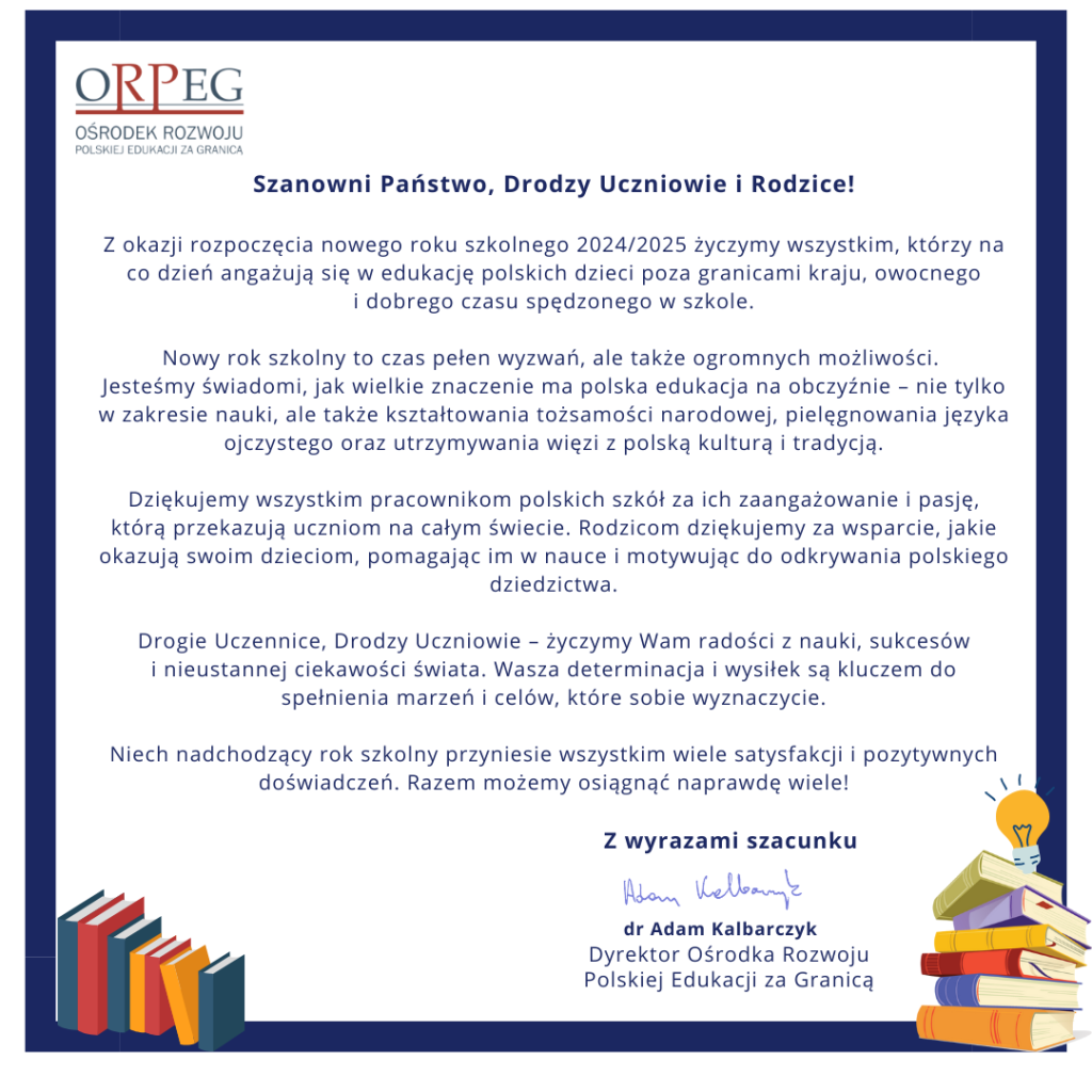 Życzenia Dyrektora ORPEG z okazji rozpoczęcia nowego roku szkolnego